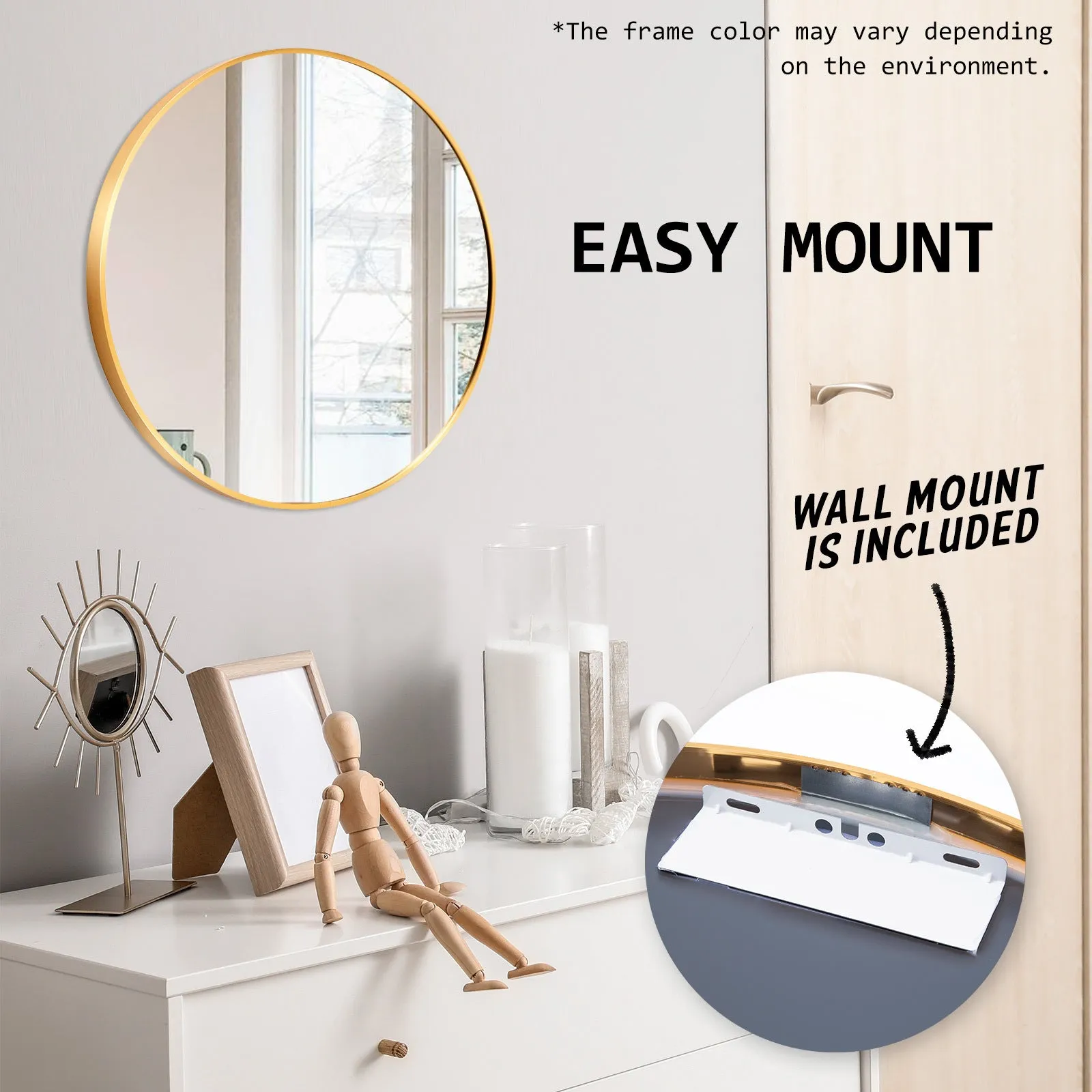 2 Round Wall Mirrors, Aluminum Frame 50cm - La Bella