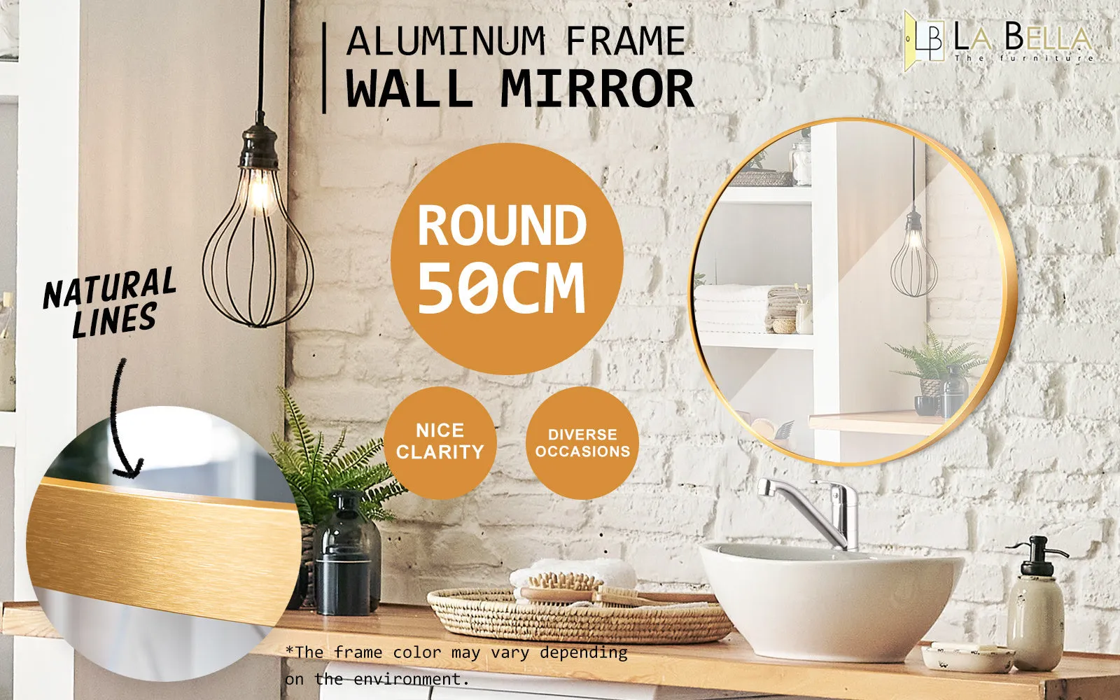 2 Round Wall Mirrors, Aluminum Frame 50cm - La Bella