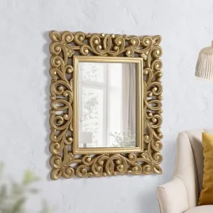 AFFIZU HANDICRAFTS Wall Mirror Frame, Wall Hanging Wooden Mirror Frame, Hand Curved Frame, Wall Frame for Living Room Bedroom Office Home Decor, Golden Color, 24x18 Inch Without Frame