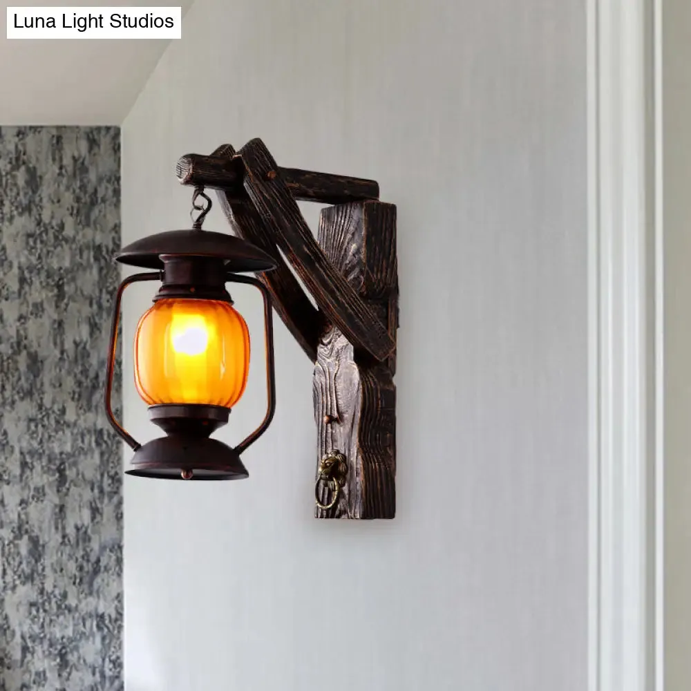 Amber Glass Lantern Wall Light Sconce - Elegant 1-Head Bedroom Wall Lamp in Black with Wood Backplate