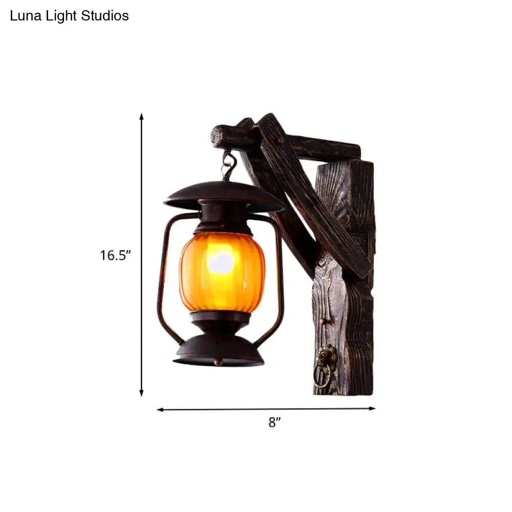Amber Glass Lantern Wall Light Sconce - Elegant 1-Head Bedroom Wall Lamp in Black with Wood Backplate