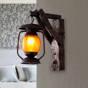 Amber Glass Lantern Wall Light Sconce - Elegant 1-Head Bedroom Wall Lamp in Black with Wood Backplate