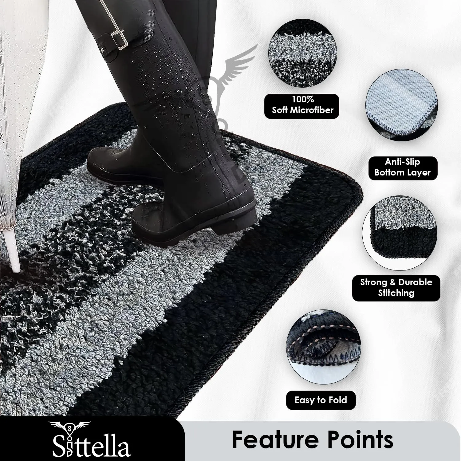 Anti-Skid Microfiber Bathroom Door Mat, Water Absorbent Floor mat (50X35cm) (Black)