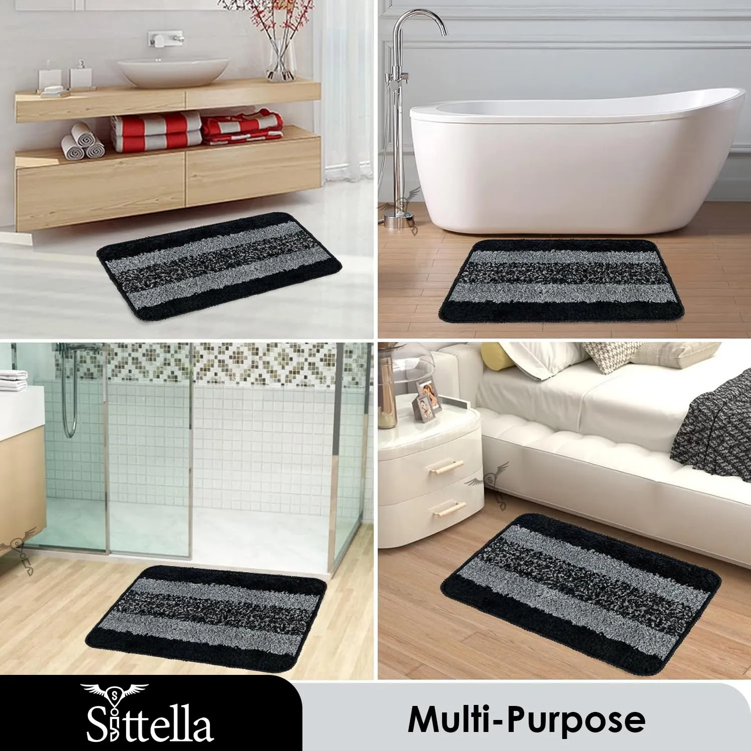Anti-Skid Microfiber Bathroom Door Mat, Water Absorbent Floor mat (50X35cm) (Black)