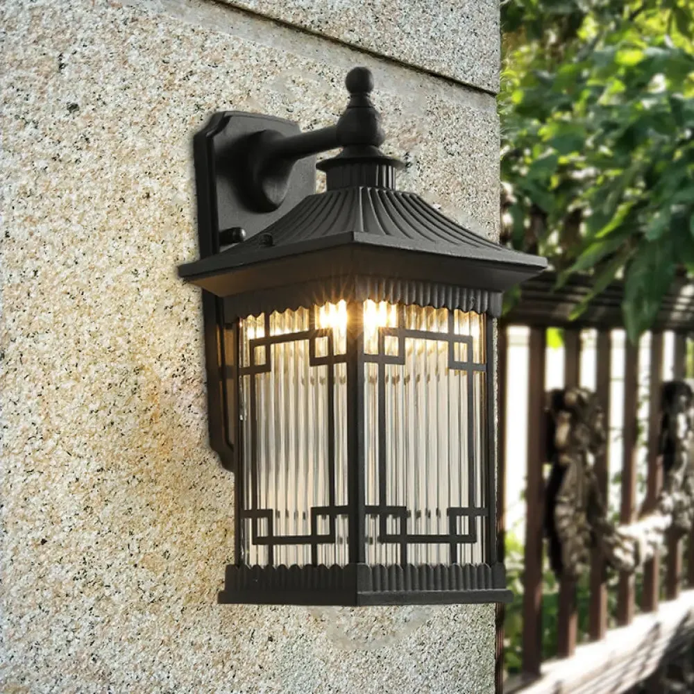 Classic Lantern Wall Mount Light with Prismatic/Tan Glass & Single Bulb - Black/Coffee