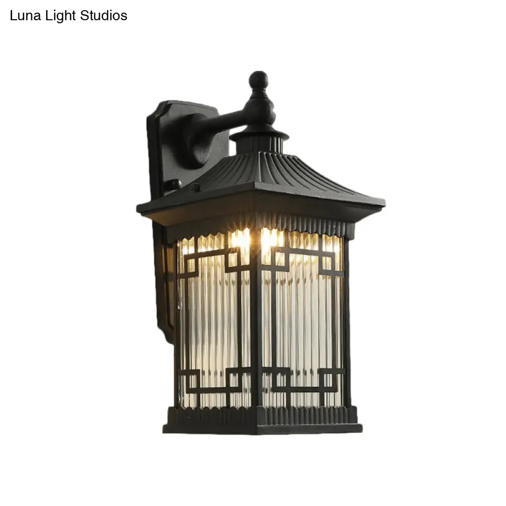 Classic Lantern Wall Mount Light with Prismatic/Tan Glass & Single Bulb - Black/Coffee