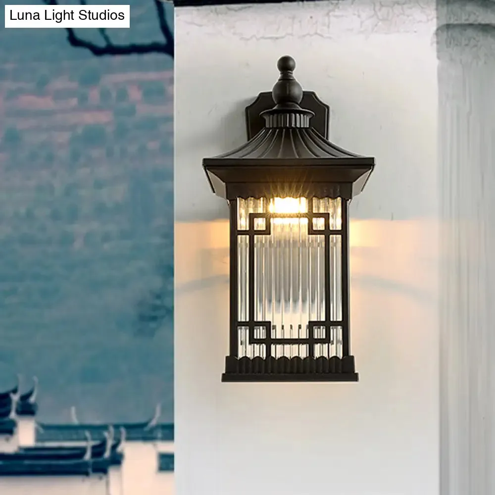 Classic Lantern Wall Mount Light with Prismatic/Tan Glass & Single Bulb - Black/Coffee