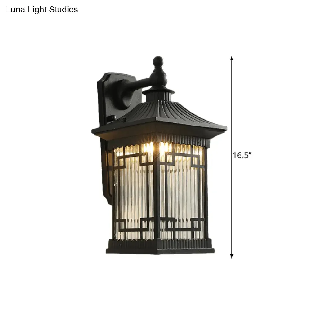 Classic Lantern Wall Mount Light with Prismatic/Tan Glass & Single Bulb - Black/Coffee