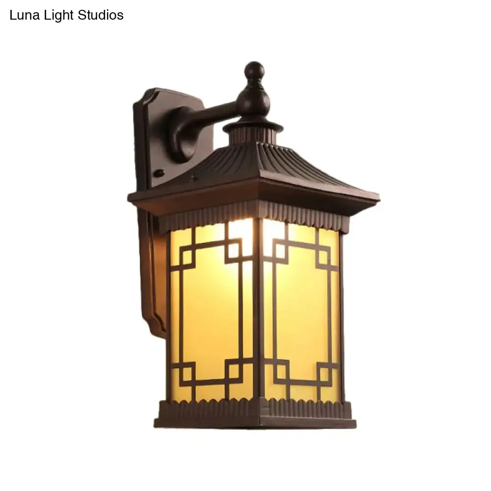 Classic Lantern Wall Mount Light with Prismatic/Tan Glass & Single Bulb - Black/Coffee