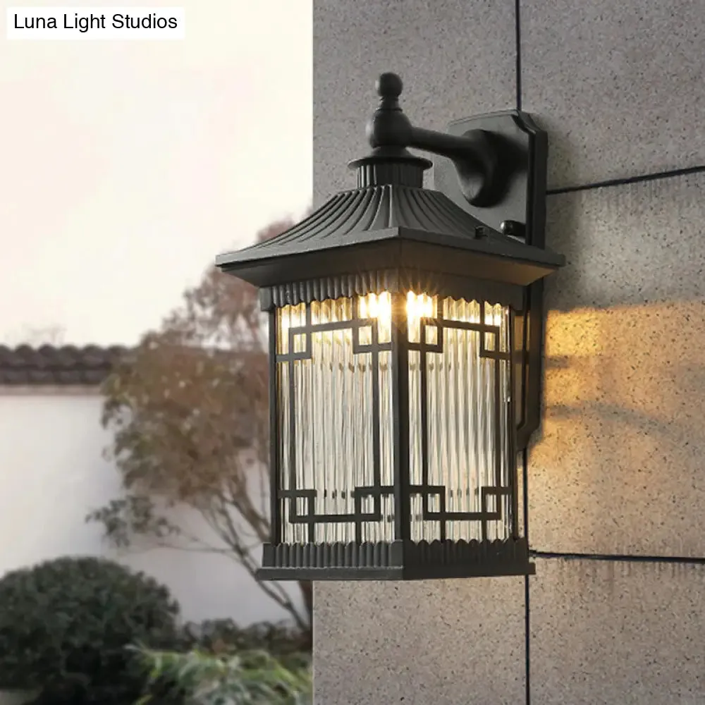 Classic Lantern Wall Mount Light with Prismatic/Tan Glass & Single Bulb - Black/Coffee