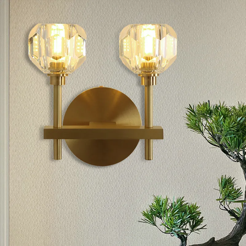 Clear Crystal Dome Wall Light Fixture - Modern Brass Finish, 1/2-Light, Living Room Lamp