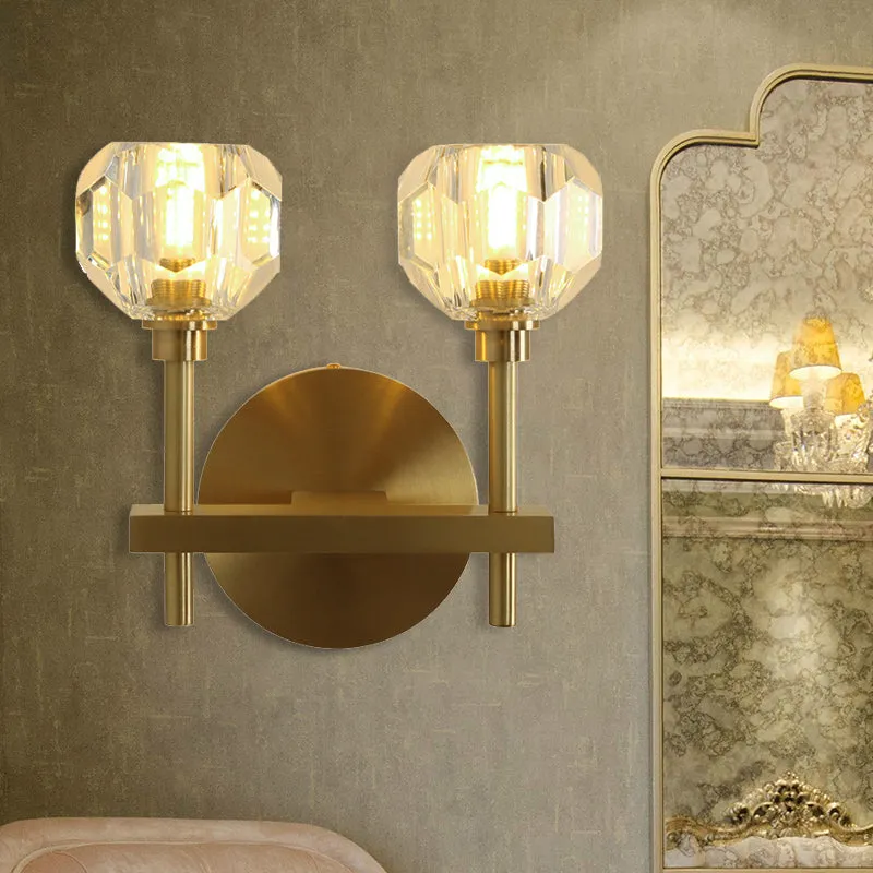 Clear Crystal Dome Wall Light Fixture - Modern Brass Finish, 1/2-Light, Living Room Lamp