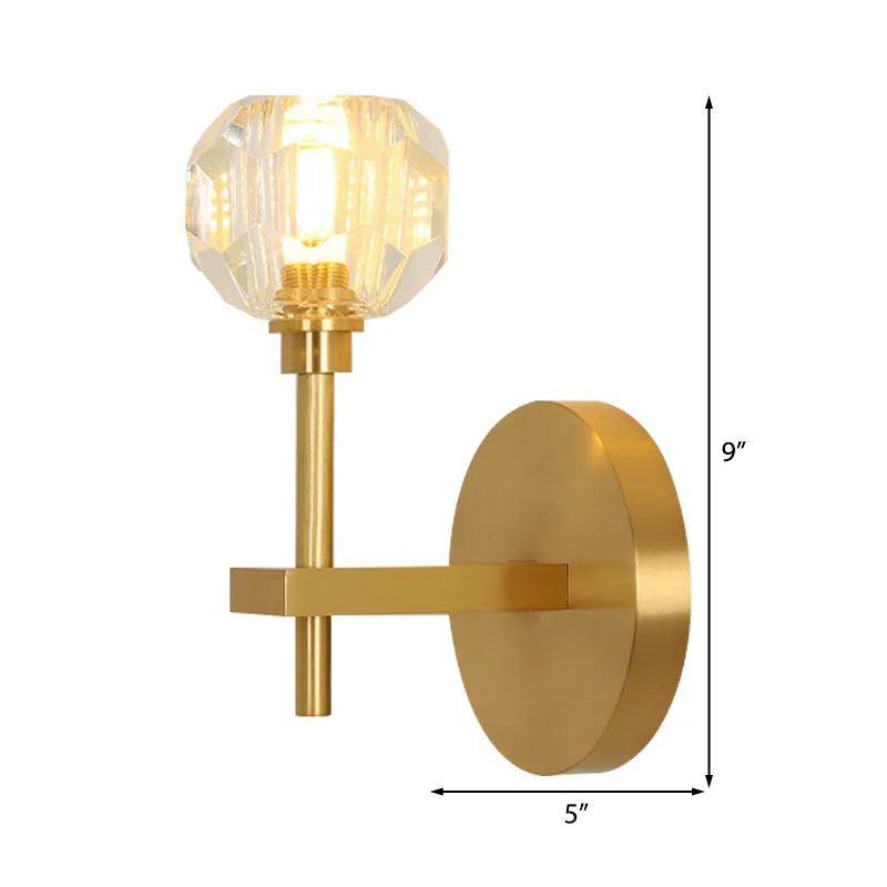 Clear Crystal Dome Wall Light Fixture - Modern Brass Finish, 1/2-Light, Living Room Lamp