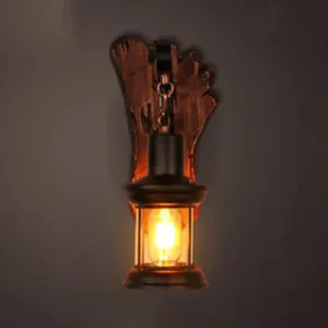 Coastal Clear Glass Rust Sconce Lamp with Footprint Wooden Backplate – Caged Living Room Wall Light Fixture