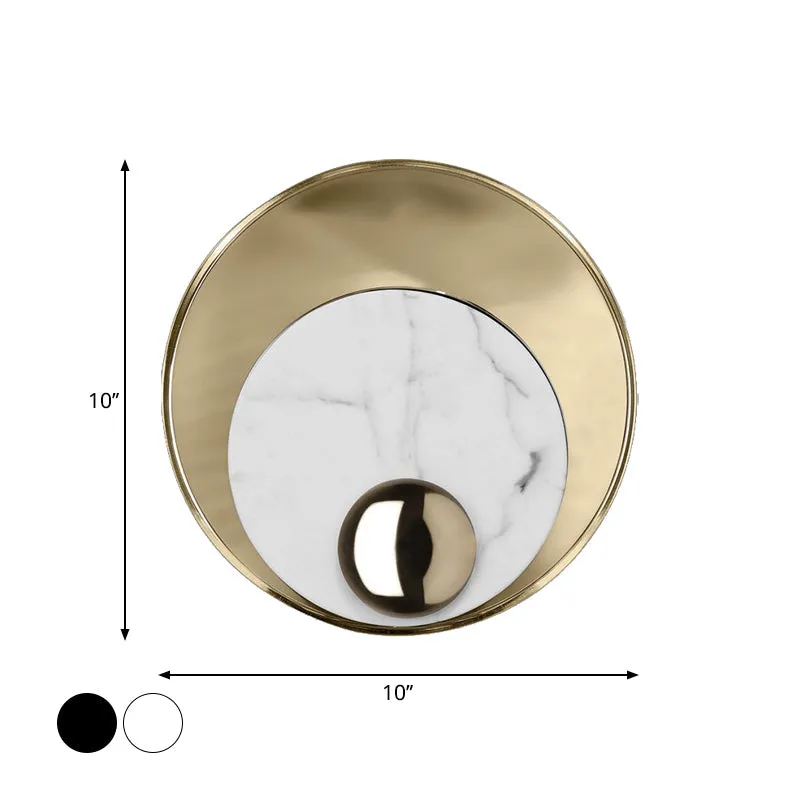 Designer Marble LED Flush Mount Wall Sconce in Black/White/Gold with Peacock Tail Feather Accent - Ideal for Living Rooms