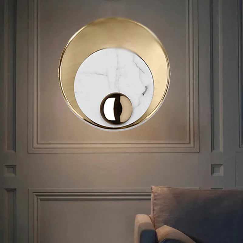 Designer Marble LED Flush Mount Wall Sconce in Black/White/Gold with Peacock Tail Feather Accent - Ideal for Living Rooms