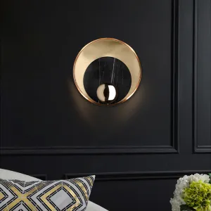 Designer Marble LED Flush Mount Wall Sconce in Black/White/Gold with Peacock Tail Feather Accent - Ideal for Living Rooms