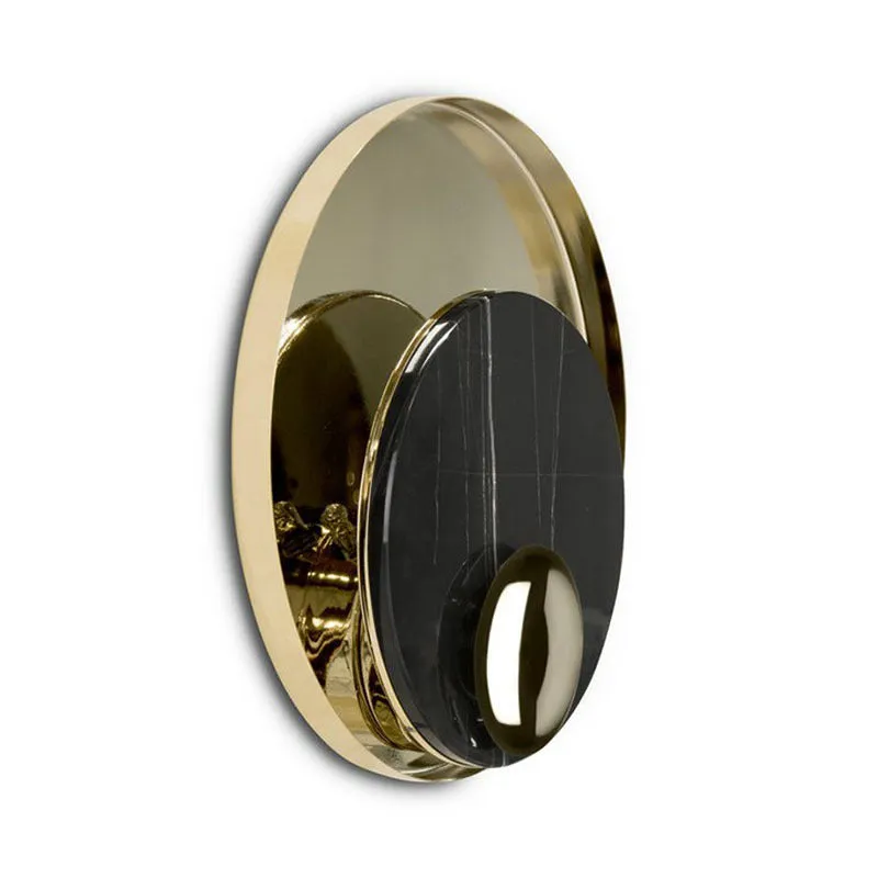 Designer Marble LED Flush Mount Wall Sconce in Black/White/Gold with Peacock Tail Feather Accent - Ideal for Living Rooms