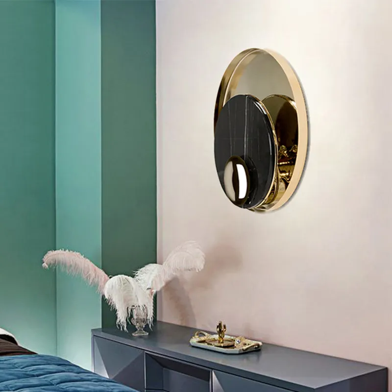 Designer Marble LED Flush Mount Wall Sconce in Black/White/Gold with Peacock Tail Feather Accent - Ideal for Living Rooms