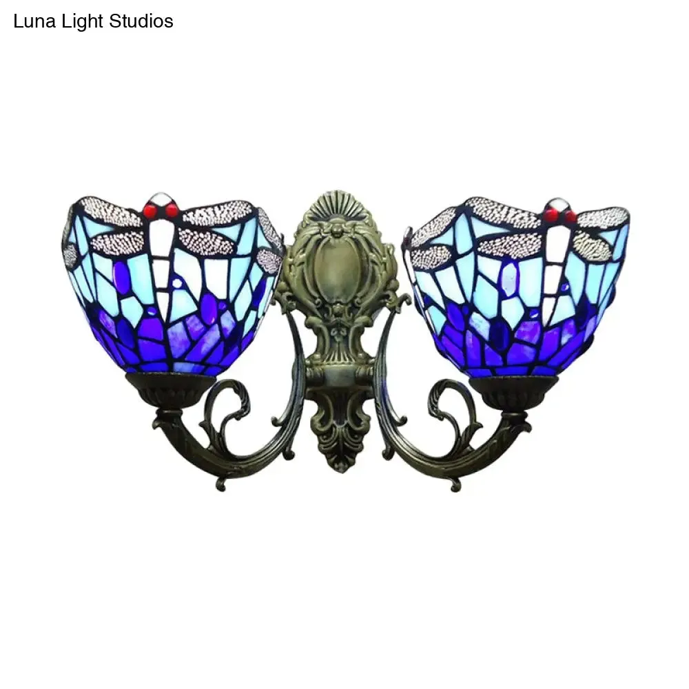 Dragonfly Stained Glass Wall Sconce - Vintage Tiffany Style with Dual Blue Heads, 8.5"/11" Wide