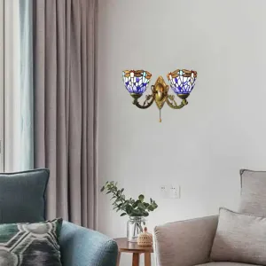 Dragonfly Stained Glass Wall Sconce - Vintage Tiffany Style with Dual Blue Heads, 8.5"/11" Wide