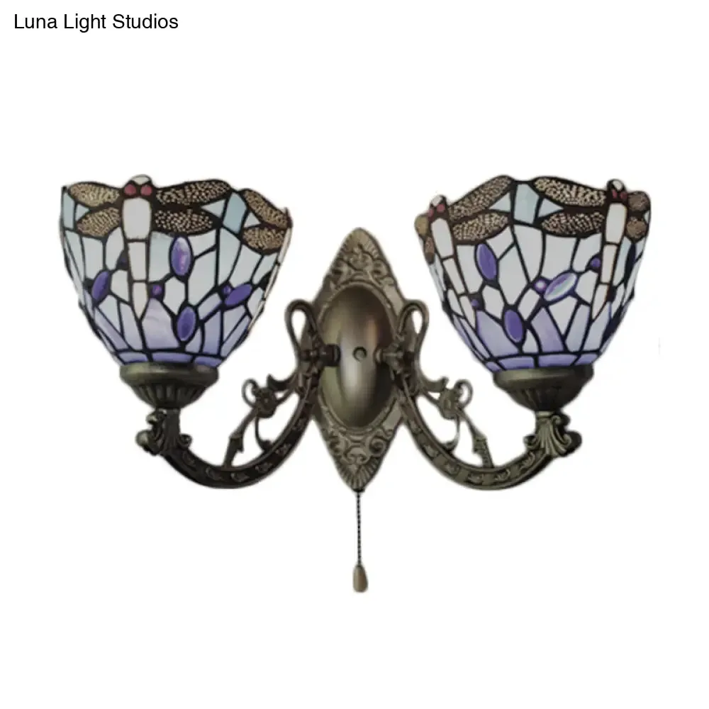 Dragonfly Stained Glass Wall Sconce - Vintage Tiffany Style with Dual Blue Heads, 8.5"/11" Wide