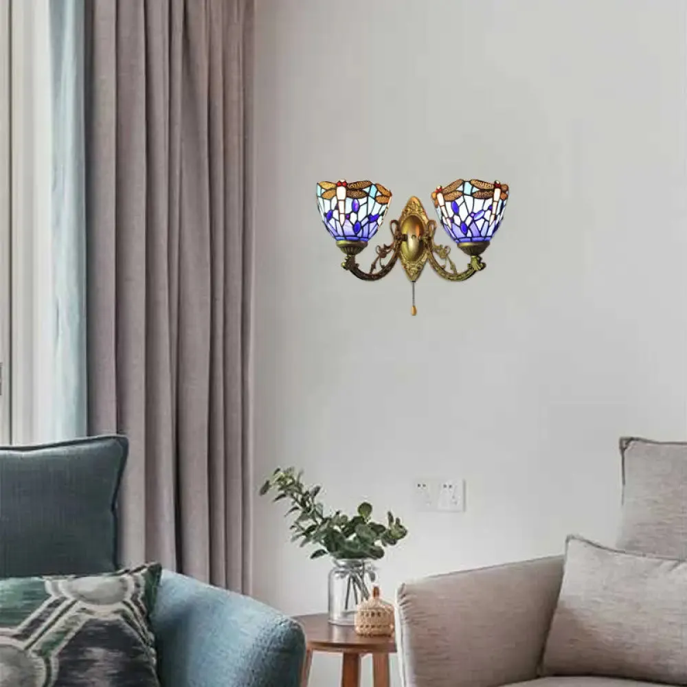 Dragonfly Stained Glass Wall Sconce - Vintage Tiffany Style with Dual Blue Heads, 8.5"/11" Wide