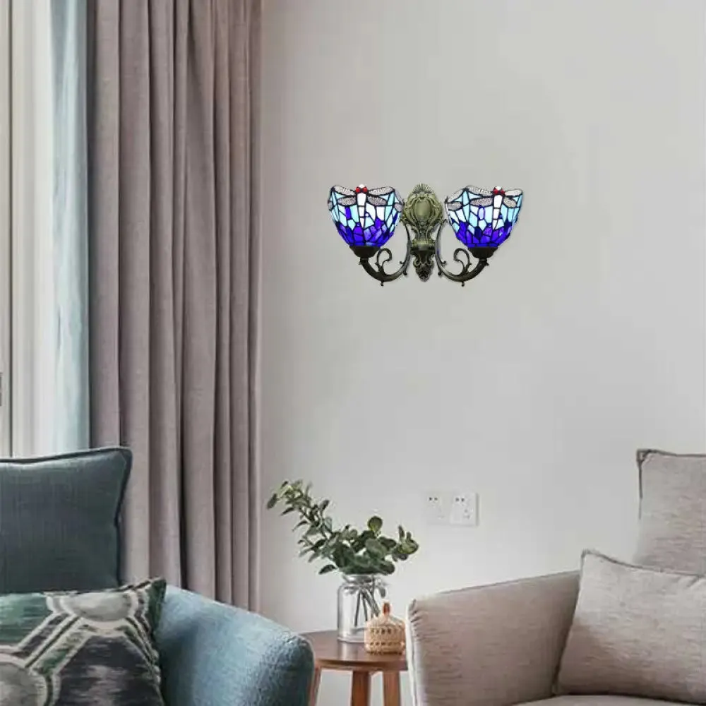 Dragonfly Stained Glass Wall Sconce - Vintage Tiffany Style with Dual Blue Heads, 8.5"/11" Wide
