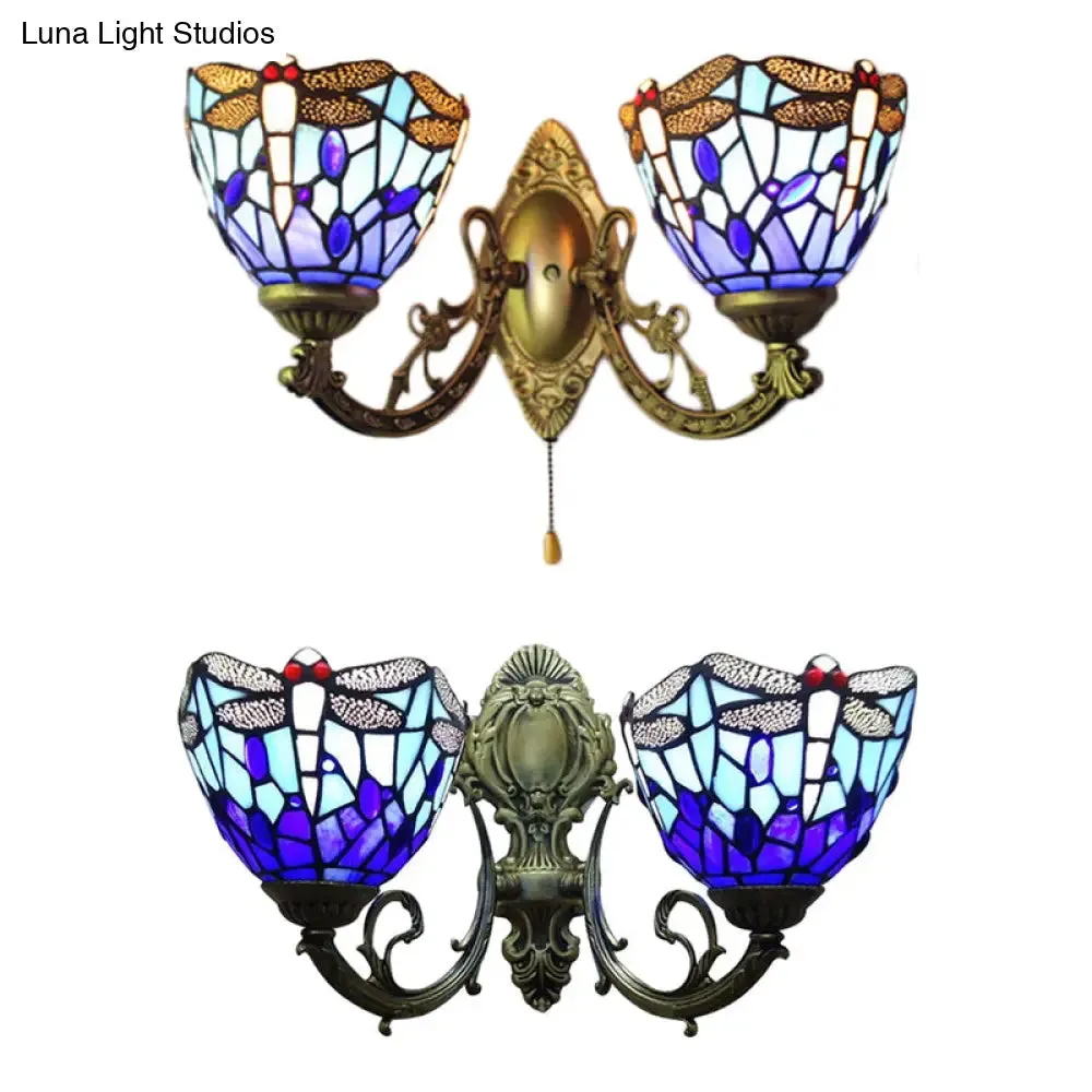 Dragonfly Stained Glass Wall Sconce - Vintage Tiffany Style with Dual Blue Heads, 8.5"/11" Wide