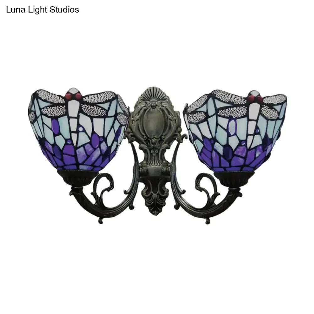 Dragonfly Stained Glass Wall Sconce - Vintage Tiffany Style with Dual Blue Heads, 8.5"/11" Wide