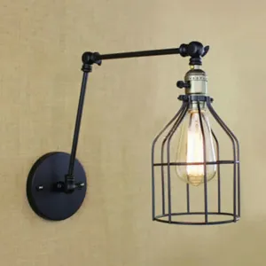 Farmhouse Adjustable Arm Wall Lamp with Birdcage Shade - Black Metallic Wall Fixture Light