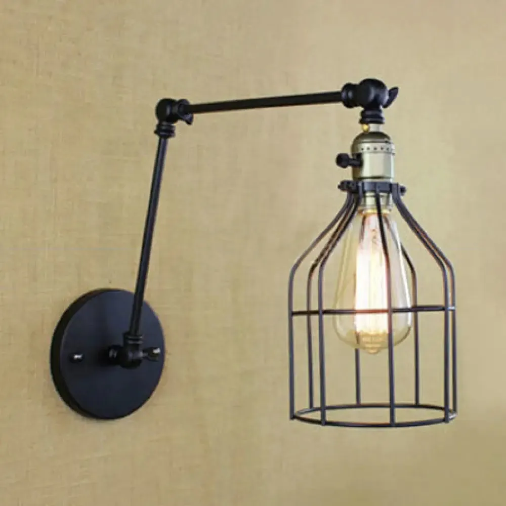 Farmhouse Adjustable Arm Wall Lamp with Birdcage Shade - Black Metallic Wall Fixture Light