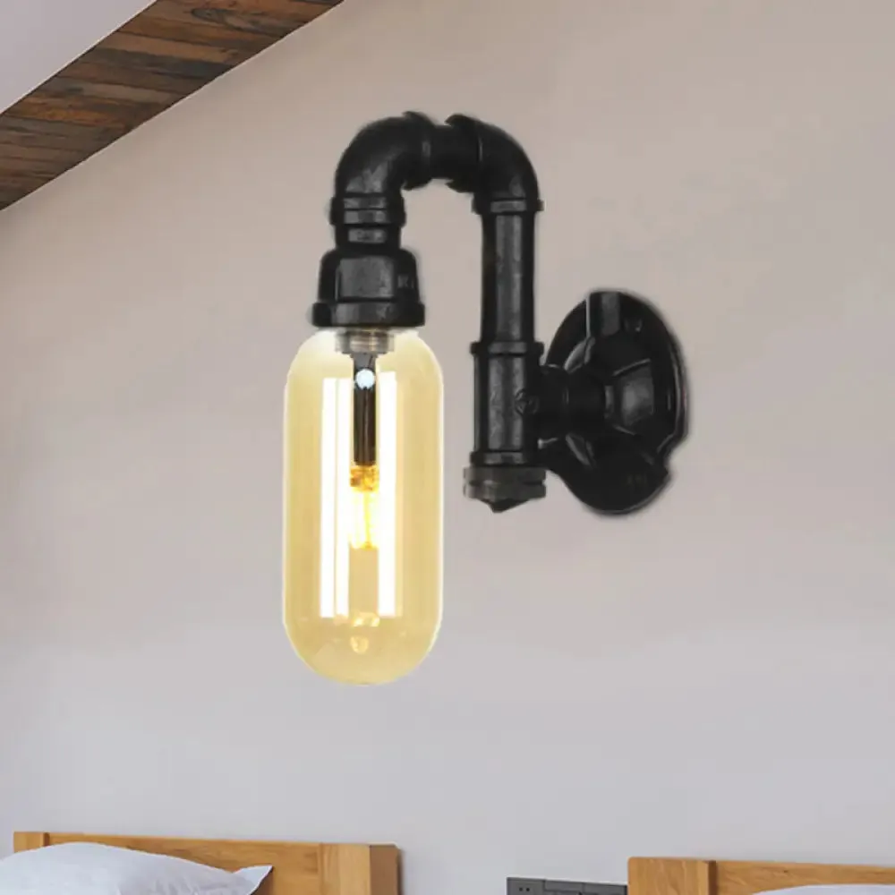 Industrial Amber Glass Wall Sconce with Pipe Design - Black