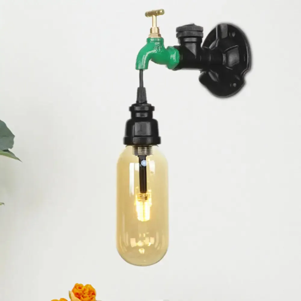 Industrial Amber Glass Wall Sconce with Pipe Design - Black