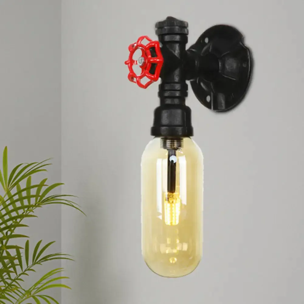 Industrial Amber Glass Wall Sconce with Pipe Design - Black