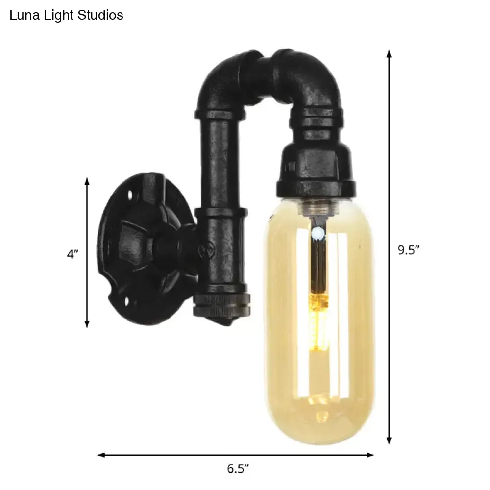 Industrial Amber Glass Wall Sconce with Pipe Design - Black
