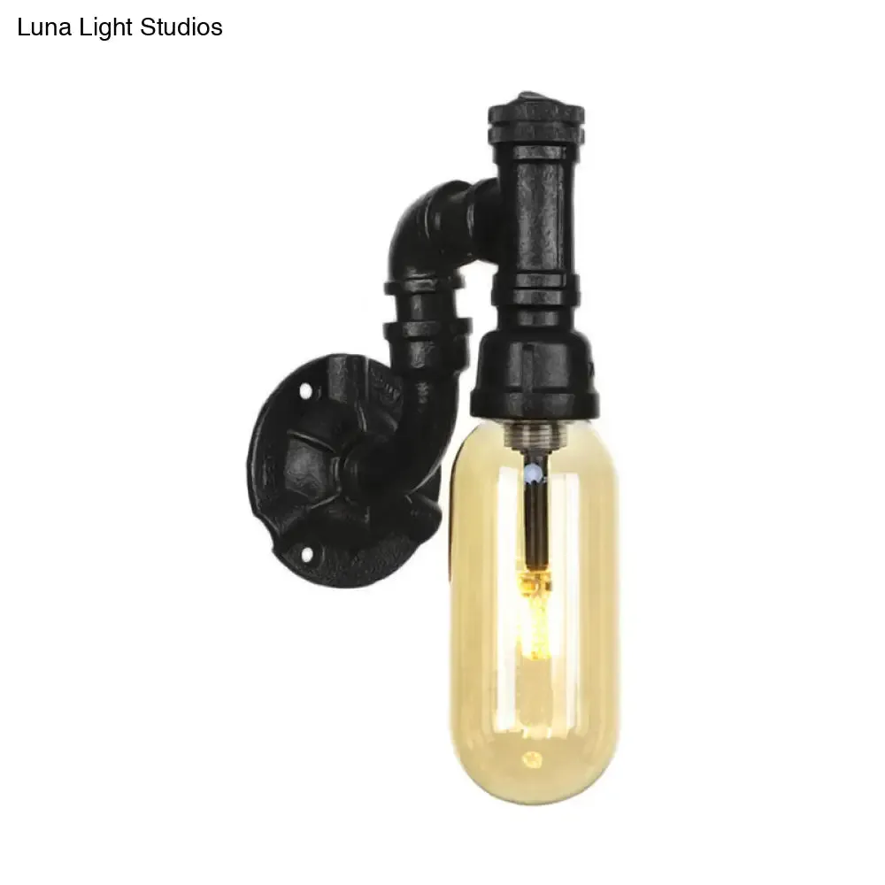 Industrial Amber Glass Wall Sconce with Pipe Design - Black