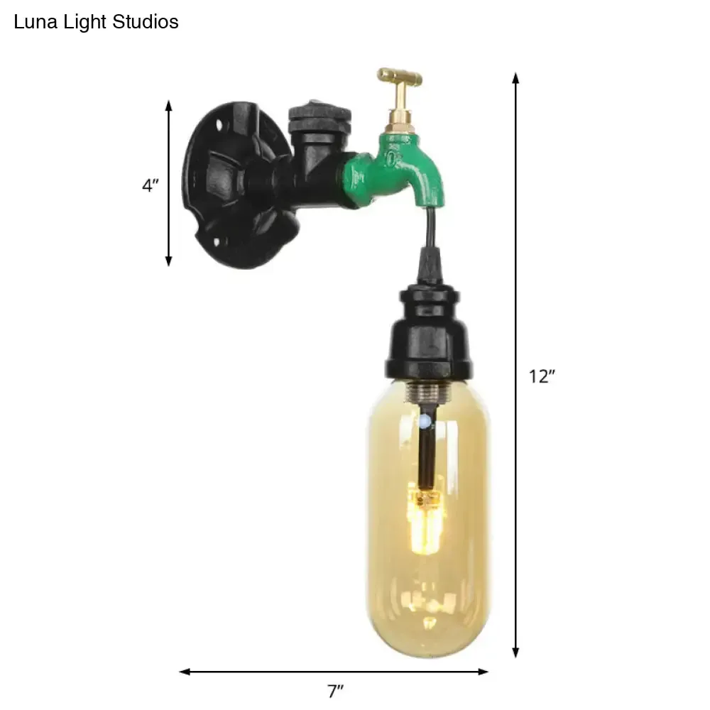 Industrial Amber Glass Wall Sconce with Pipe Design - Black