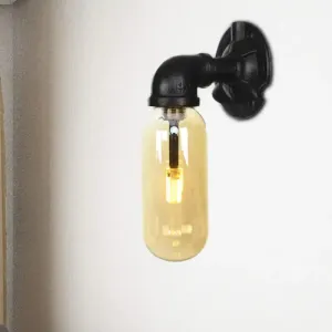 Industrial Amber Glass Wall Sconce with Pipe Design - Black