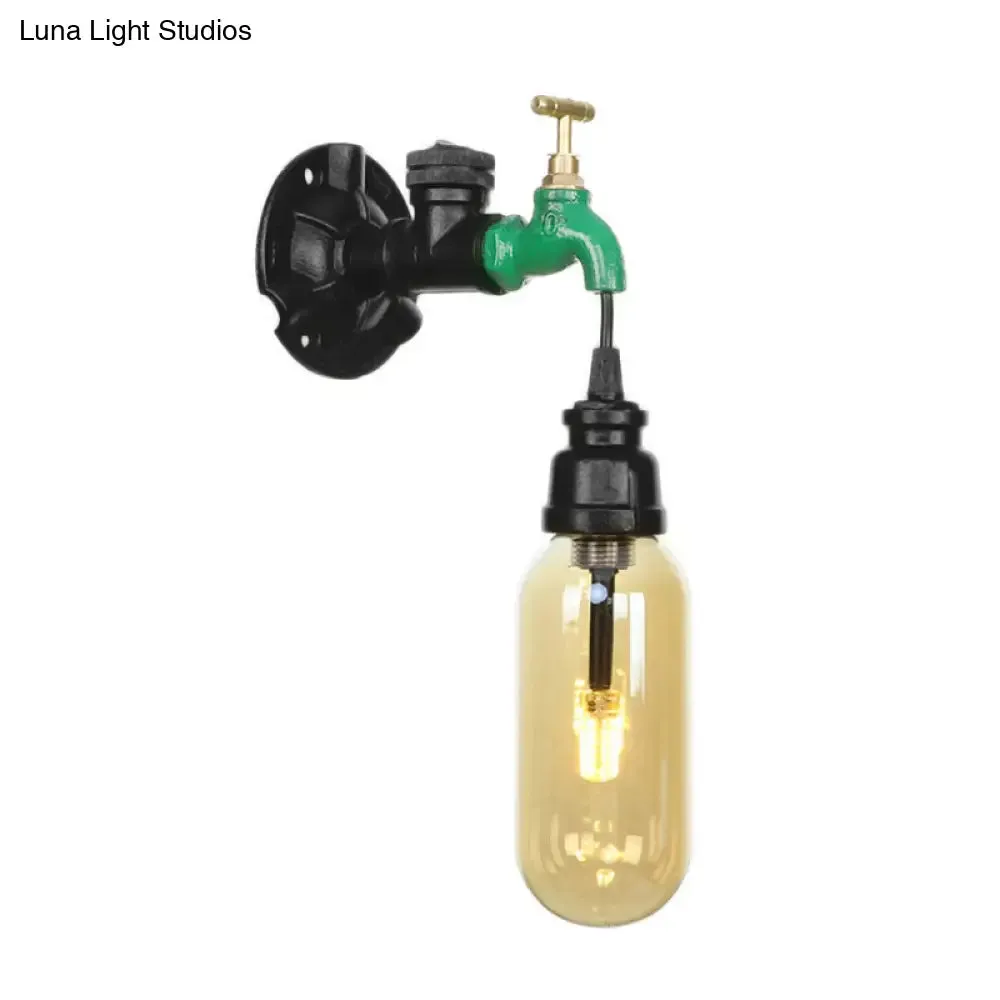 Industrial Amber Glass Wall Sconce with Pipe Design - Black