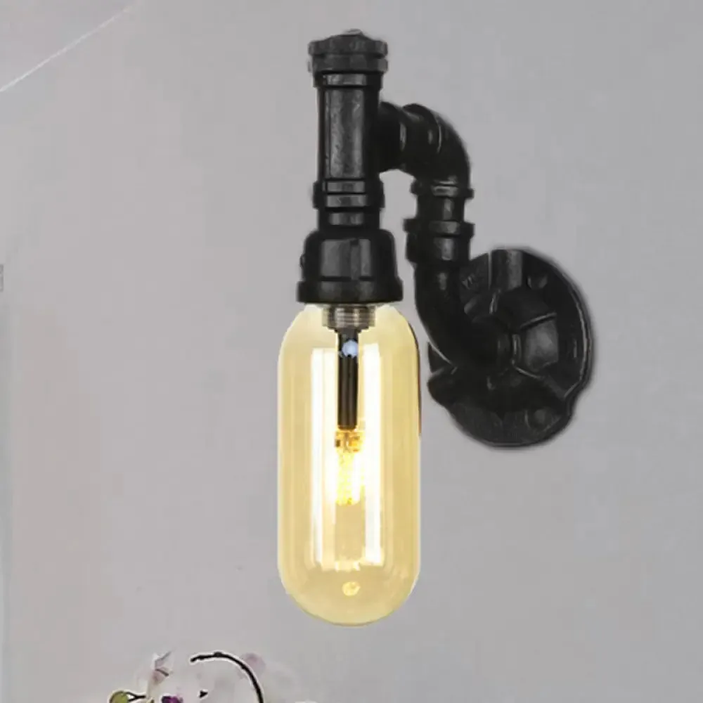Industrial Amber Glass Wall Sconce with Pipe Design - Black