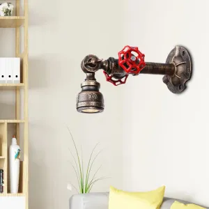 Industrial Water Pipe Wall Lamp - Wrought Iron Valve Design, Bronze Finish