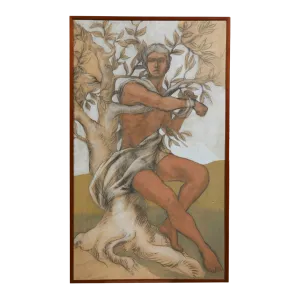 Large Italian c1910 : male figure & tree on board 55" tall