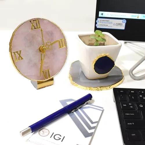 Maureen Natural Rose Quartz Stone Watch | Natural Rose Quartz Stone Watch with Stylish Golden Color Stand -D8