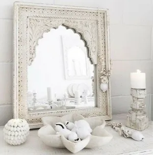 Mehrab Indian Hand Carved Mirror Arched Globe Wooden Wall Decor 90x90cm White