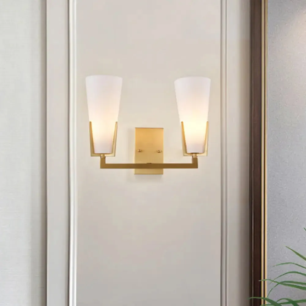 Modern Brass Cone Wall Sconce with White Glass Shade - Bedside Lighting Fixture with 2 Bulbs