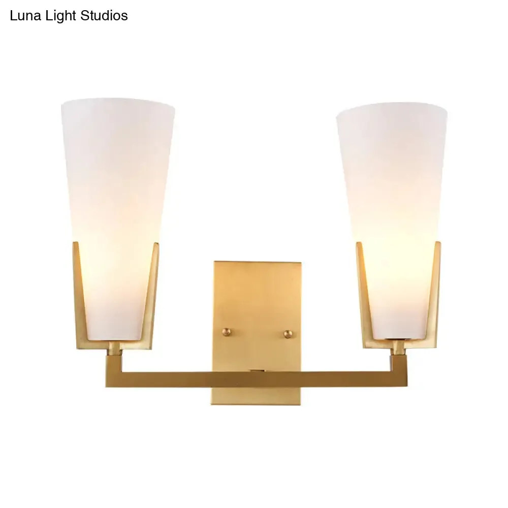 Modern Brass Cone Wall Sconce with White Glass Shade - Bedside Lighting Fixture with 2 Bulbs