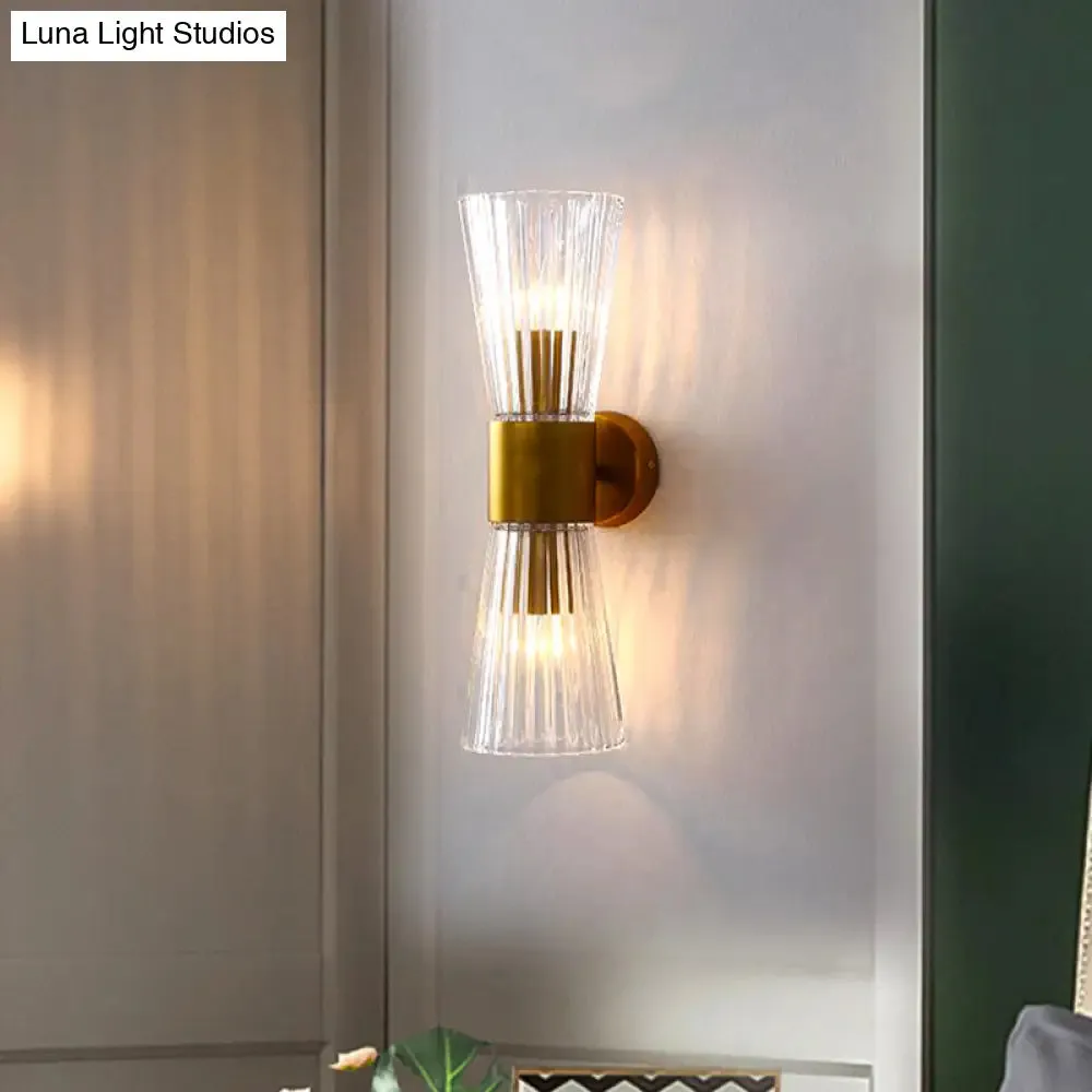 Modern Clear Prismatic Glass Wall Sconce with Hourglass Shape and Brass Finish – Up-Down Wall Lamp