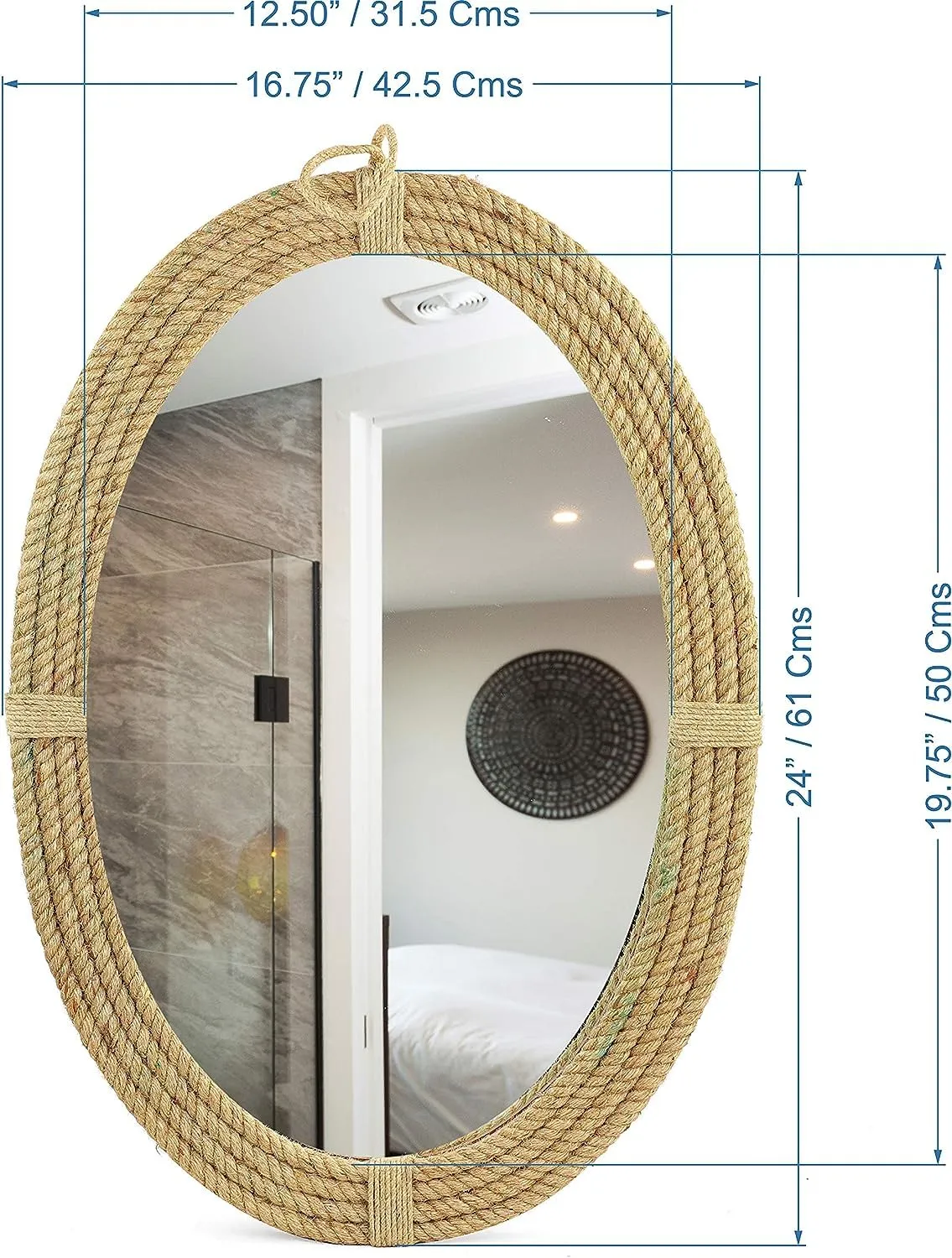 Nagina International 24" Oval Round Wooden Bathroom Rope Mirror | Wooden Framed Antique Style Chic Home Decor Accessories | Mozaic Designers Wall Hanging Ideas
