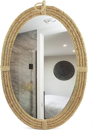 Nagina International 24" Oval Round Wooden Bathroom Rope Mirror | Wooden Framed Antique Style Chic Home Decor Accessories | Mozaic Designers Wall Hanging Ideas